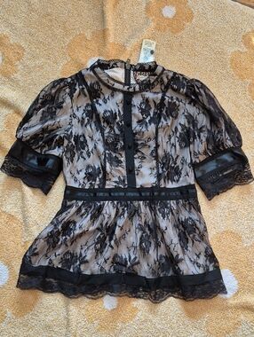 Women's Black Lace Overlay Peplum Top
